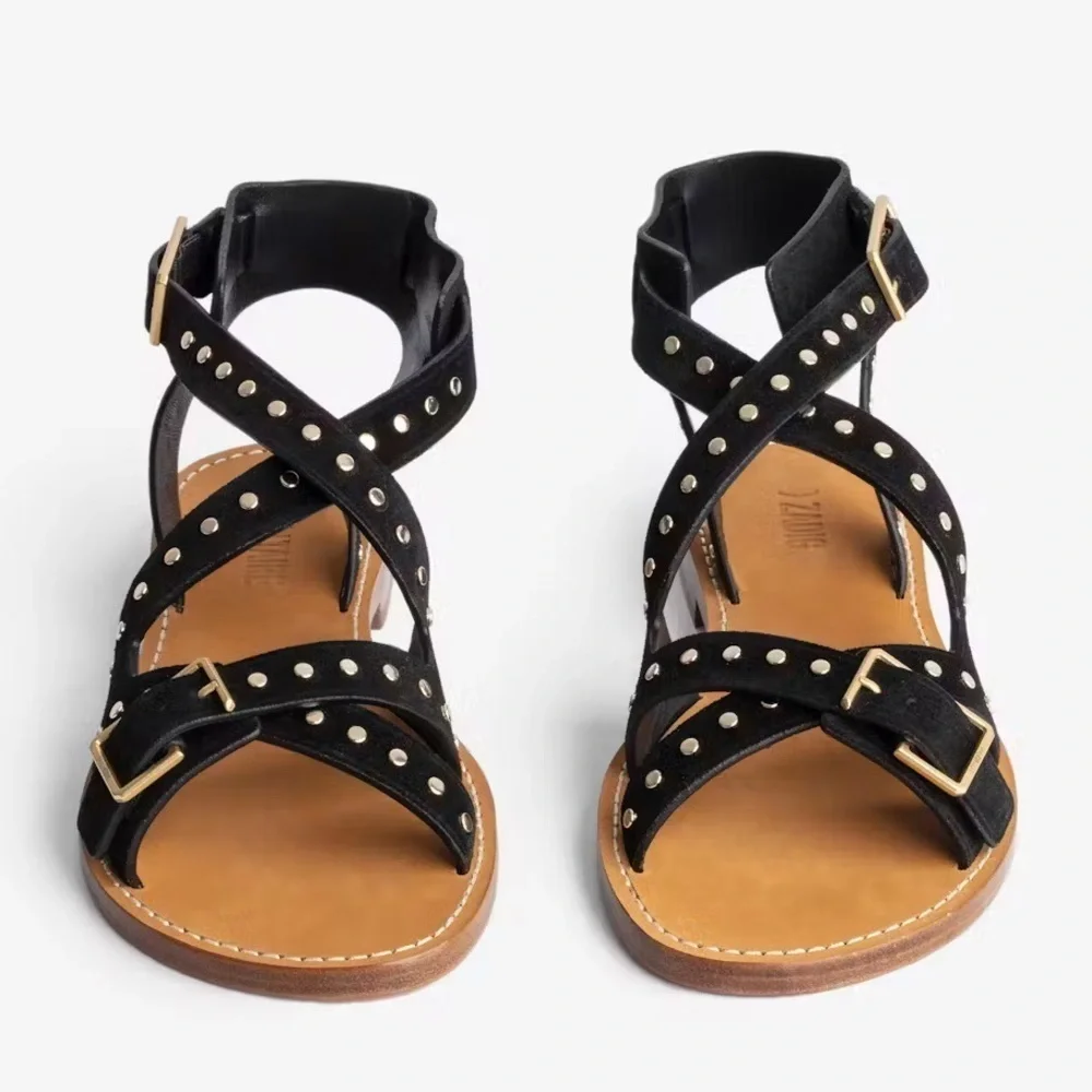 NIB Zadig & Voltaire Cecilia Studs Caprese Sandals Black Suede Strappy Sz 41